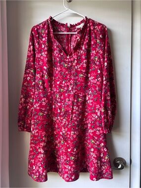 LOFT Magenta Floral Long-Sleeve Ruffle-Neck Dress